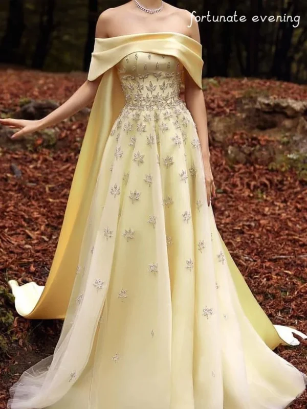 Elegant Yellow Prom Dresses with Crystal Beads, A-Line Boat Neck