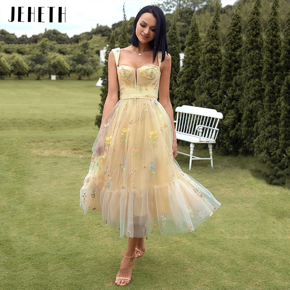 Yellow Prom Dresses: Baby Yellow Embroidery Tulle Tea Length Gown
