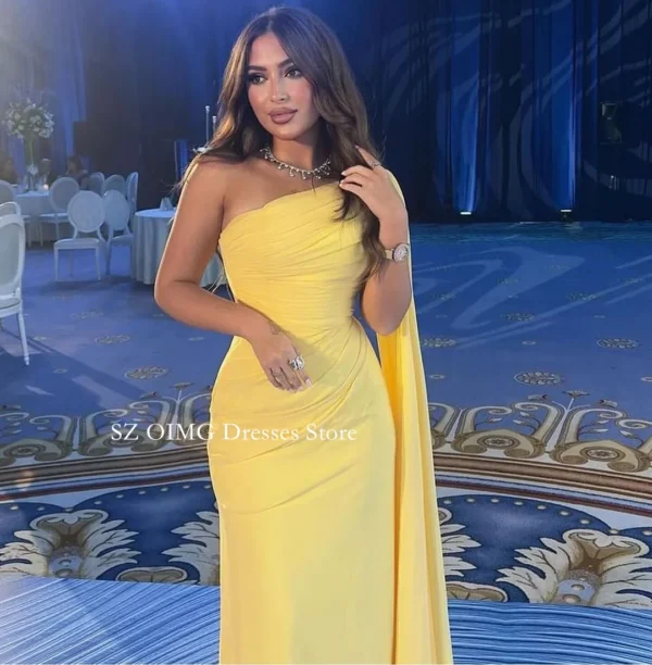 Yellow Prom Dresses One Shoulder Sleeveless Ruched Formal Evening Gown