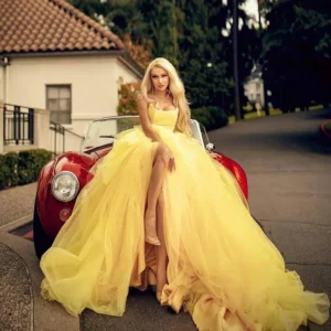 Yellow Prom Dresses Puffy Tulle Off-Shoulder A-Line Formal Bridal Gown