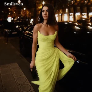 Yellow Prom Dresses Strapless A-Line Pleats Side Slit Gown Party Wear