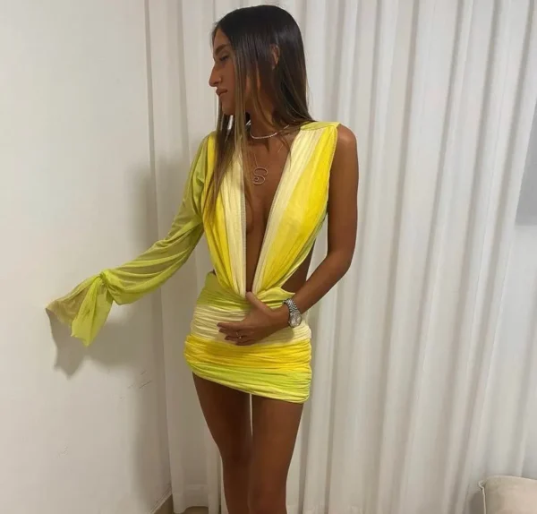 Yellow prom dresses: Sexy one-shoulder mini with sheer back