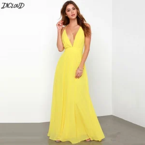 Sexy Summer Vintage Bohemian Beach V-Neck Long Dress Women Yellow