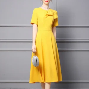 Elegant Yellow Midi Party Dress Summer 2025 Bowknot A-Line Style