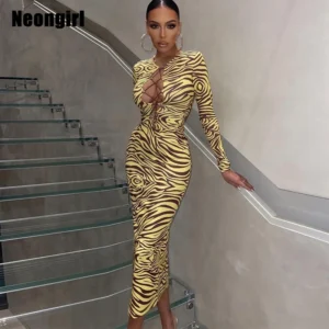 Yellow Prom Dresses Zebra Print Deep V-Neck Bandage Bodycon Long Dress