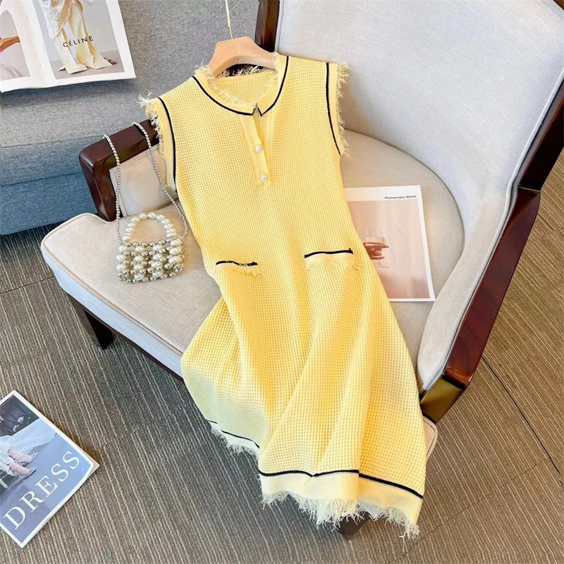 Yellow Vintage Knitted Sleeveless A-Line Mini Dress for Women - Image 3
