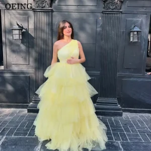 Yellow A-Line One Shoulder Tiered Tulle Prom Dress Elegant Gown