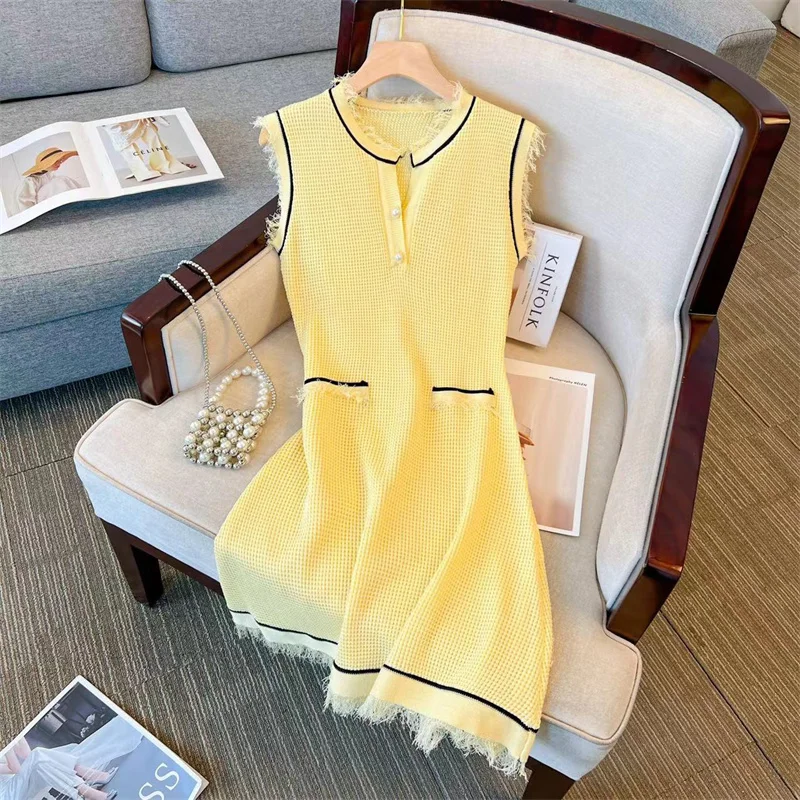 Yellow Vintage Knitted Sleeveless A-Line Mini Dress for Women