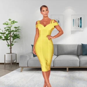 Yellow Prom Dresses Sleeveless V-Neck Bandage Bodycon Midi Party Dress
