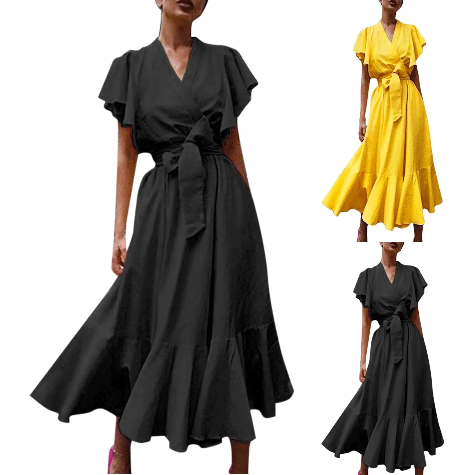 Elegant Yellow Lace-Up Ruffle Maxi Dress For Summer Beach Parties - Image 2