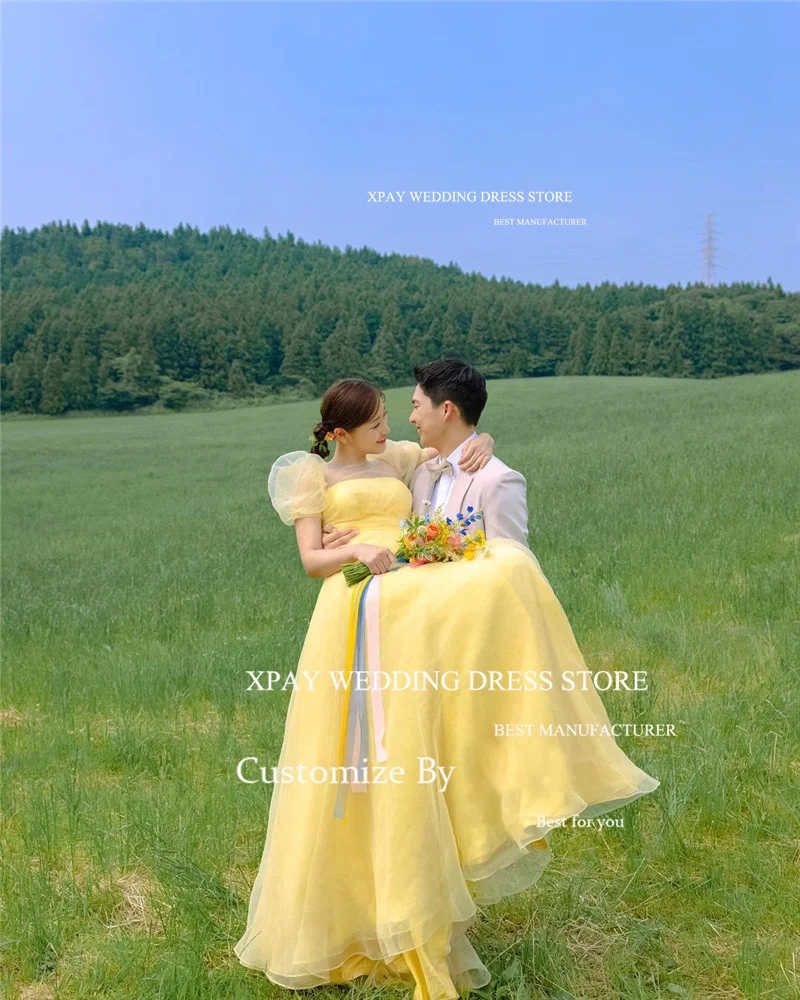 Yellow Prom Dresses A-Line Puff Sleeves Organza Evening Gown String Back - Image 2