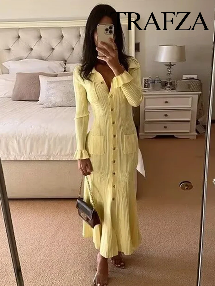 Yellow Knitted Ruffled Long Sleeve Elegant Casual Maxi Pocket Dress