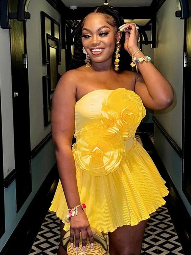 Strapless Yellow Mini Dress Women Floral Elegant High Waist Party