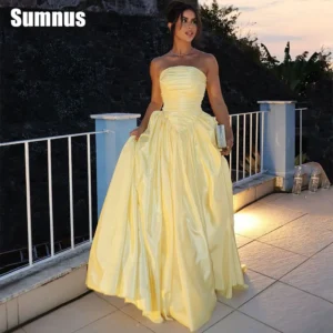 Yellow Prom Dresses Satin Strapless Sleeveless A-Line Party Gowns 2024