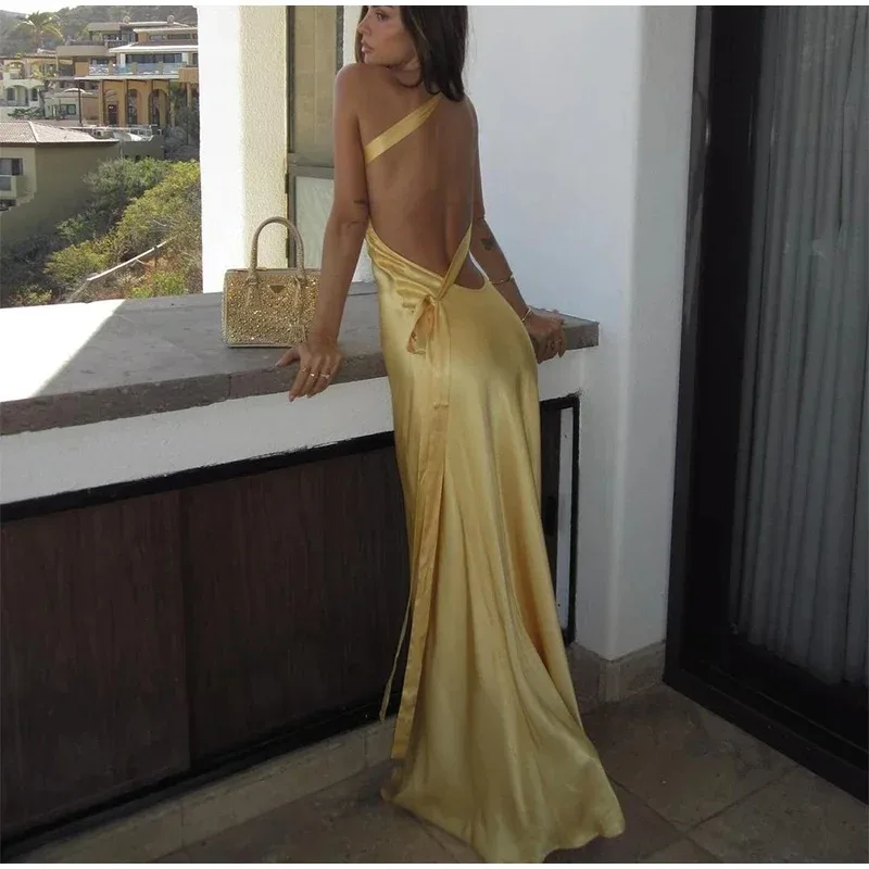 Women's Backless Yellow Satin Lace-Up Off Shoulder Party Dress Elegant