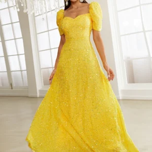 Yellow Prom Dresses Sequin Sweetheart Puff Sleeve A-Line Maxi Evening Gown