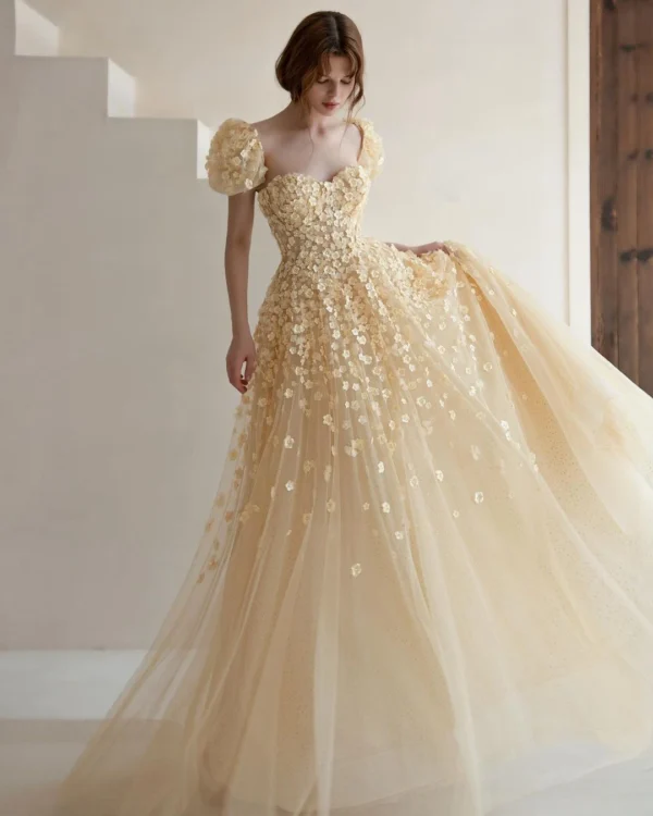 Custom Yellow Prom Dresses with 3D Flower Lace and Puff Sleeves - Image 4