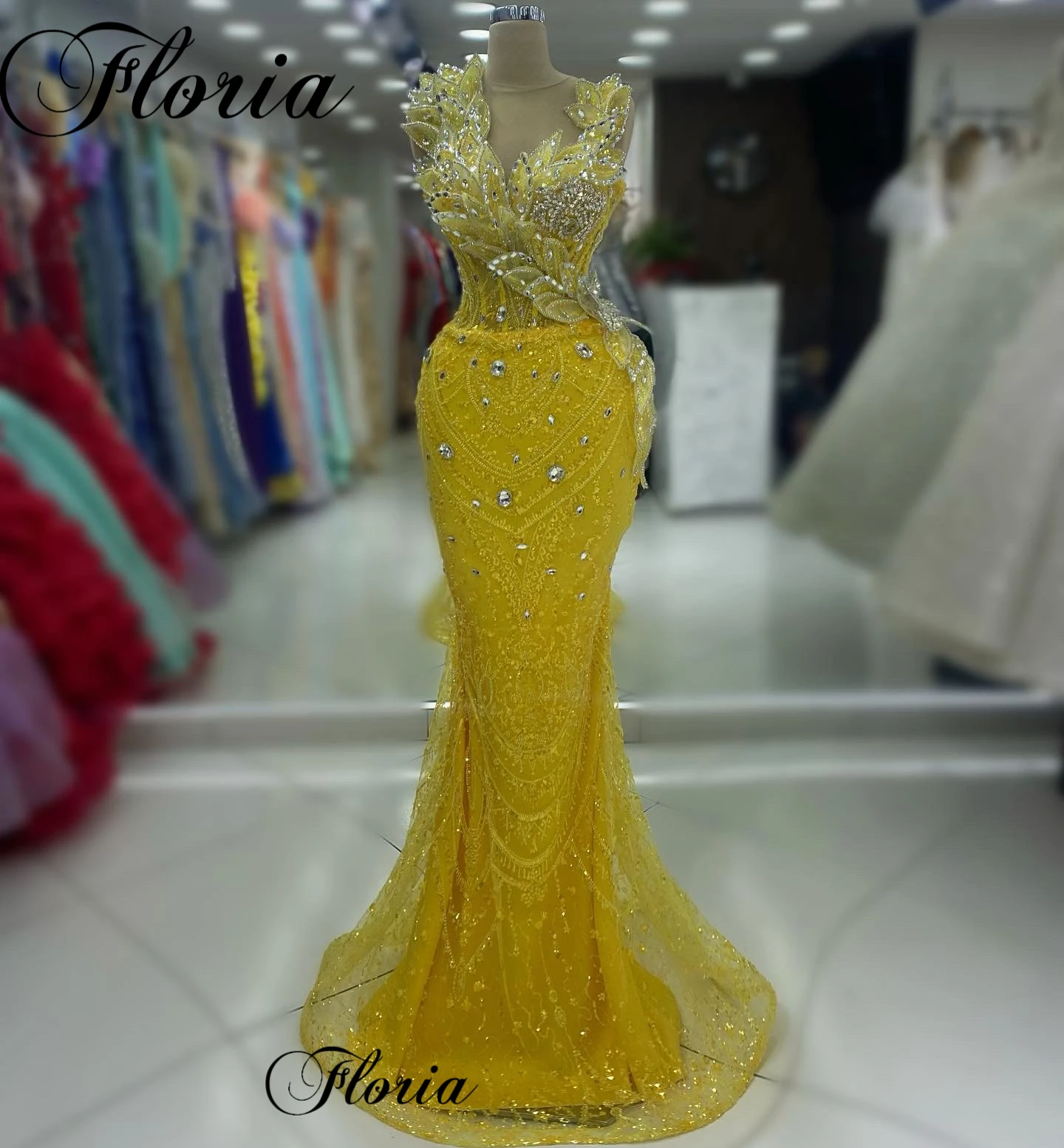 Yellow Prom Dresses Elegant Mermaid Crystals Cocktail Wedding Party Dress
