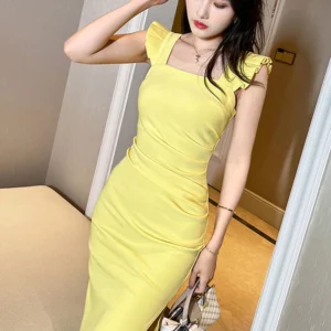 Yellow Prom Dresses Midi Slip Strap Slit Wrap Elegant Party Dress
