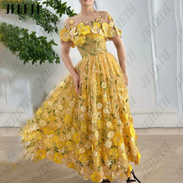 Yellow Prom Dresses: Embroidery Lace A-Line with 3D Flowers