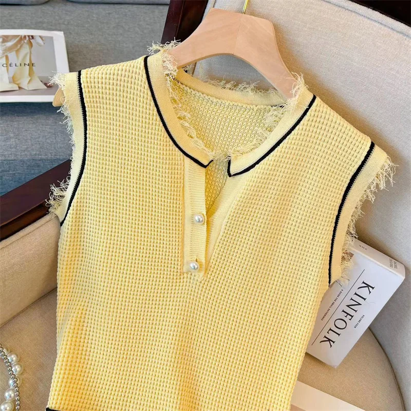 Yellow Vintage Knitted Sleeveless A-Line Mini Dress for Women - Image 4