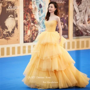 Yellow Prom Dresses Tiered Organza Customized Wedding Party Gowns