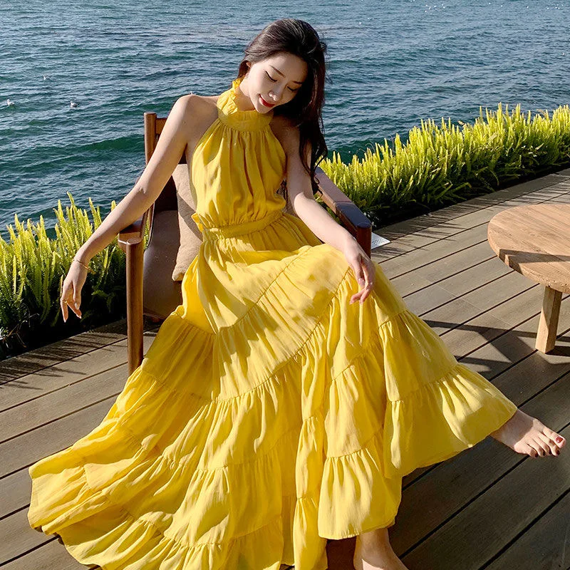 2025 New Summer Women Beach Off Shoulder Open Back Yellow Dress - Image 2