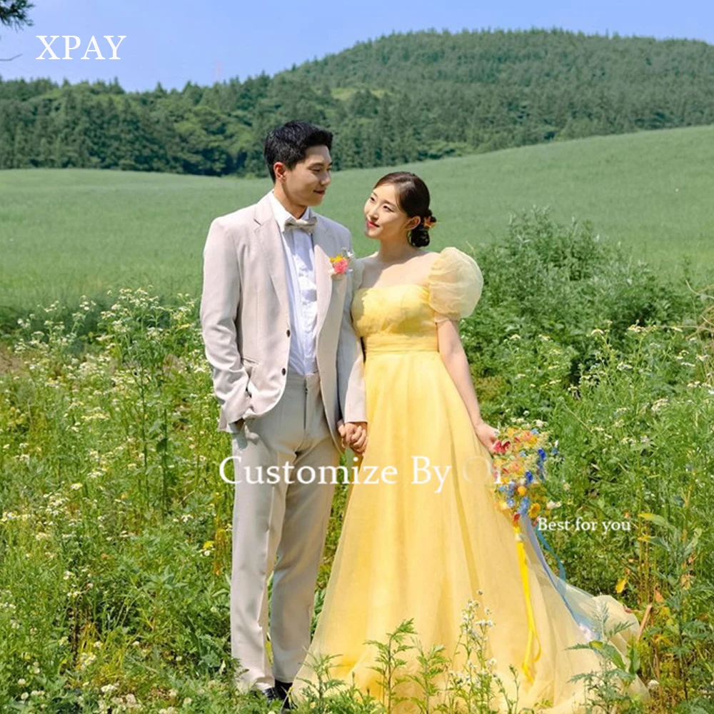 Yellow Prom Dresses A-Line Puff Sleeves Organza Evening Gown String Back