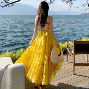 2025 New Summer Women Beach Off Shoulder Open Back Yellow Dress