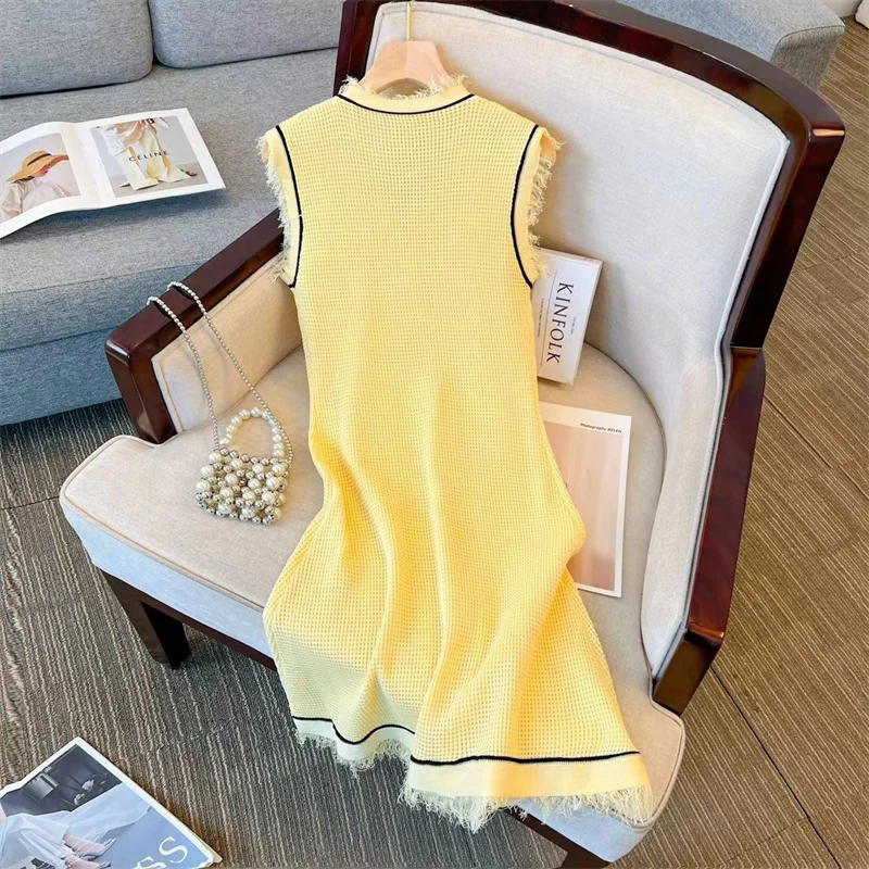 Yellow Vintage Knitted Sleeveless A-Line Mini Dress for Women - Image 2