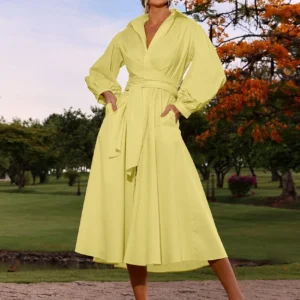 Yellow Prom Dresses Casual Lapel Long Sleeve Lace-Up Midi Dress for Women