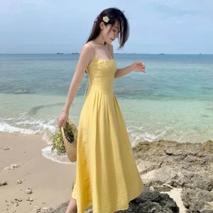 Summer Fashion Sexy Camis Long Dress Women Retro Yellow Dress