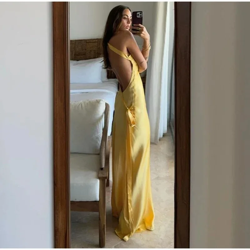 Women's Backless Yellow Satin Lace-Up Off Shoulder Party Dress Elegant - Image 3