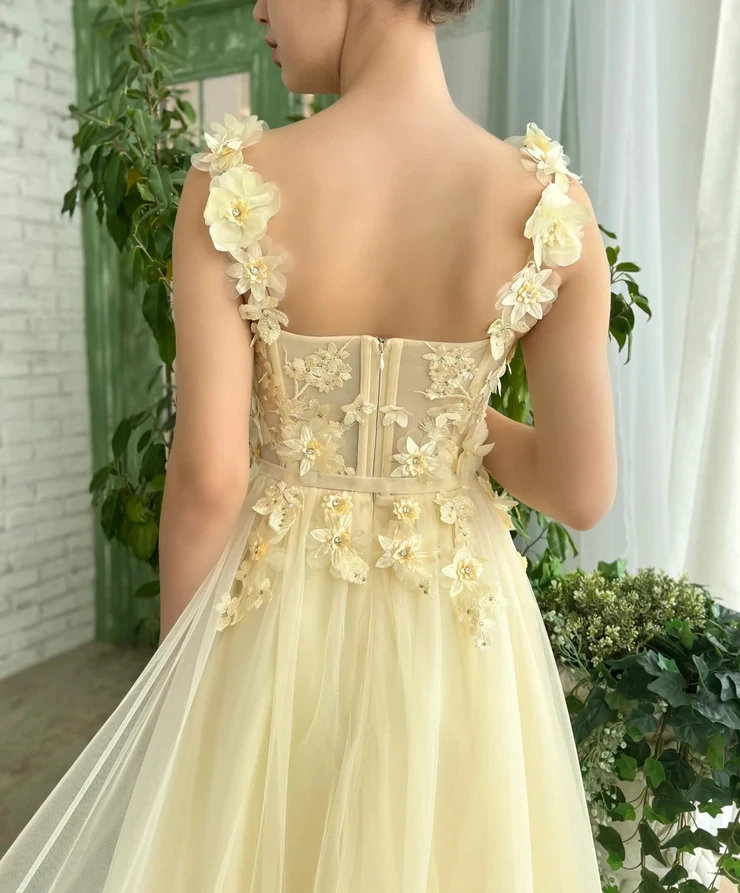 Yellow Prom Dresses Floral Straps A-Line Corset Evening Gown Tea Party Graduation - Image 3