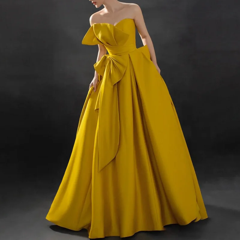 Yellow prom dresses, strapless French style A-line bow evening gown