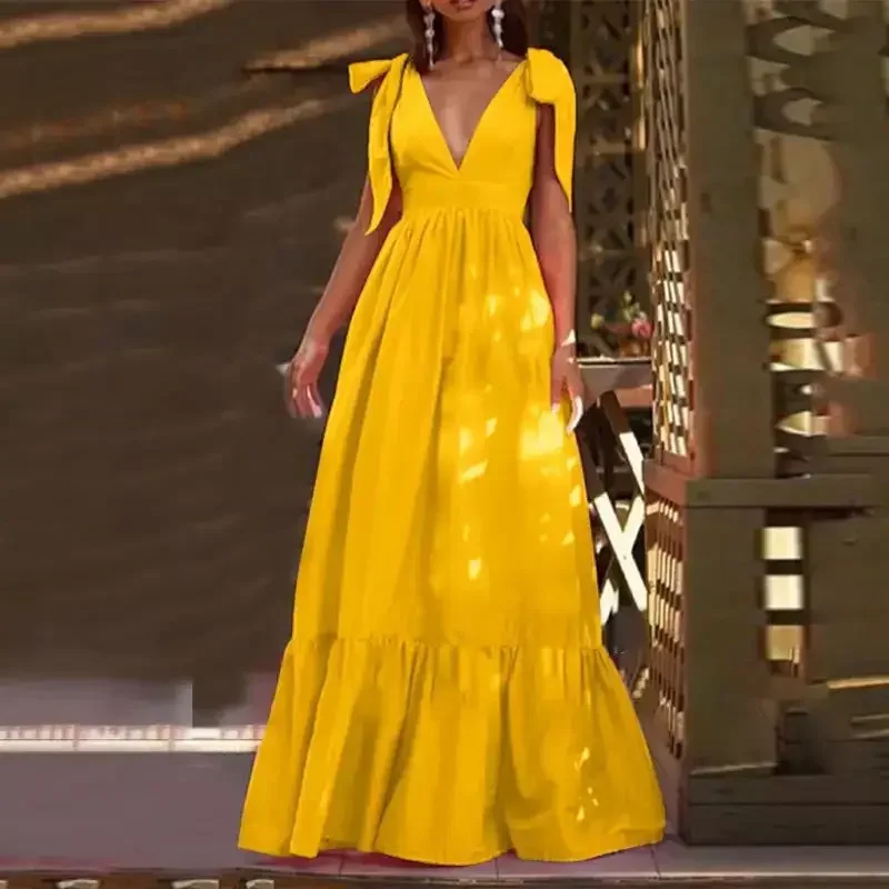 Party Night Yellow Lace Up Slim Fit High Waist Sexy Summer Dress