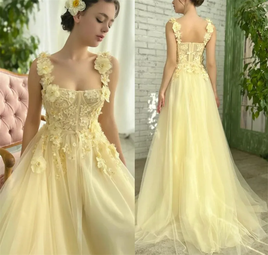 Yellow Prom Dresses Floral Straps A-Line Corset Evening Gown Tea Party Graduation