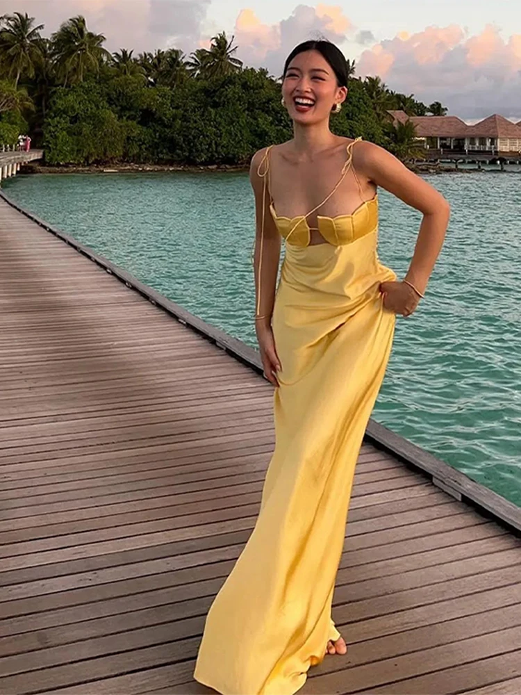 Summer Backless Yellow Satin Off-Shoulder Floral Party Dress 2025