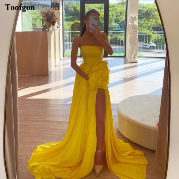 Yellow prom dresses, simple chiffon gown with 3D flower and slit