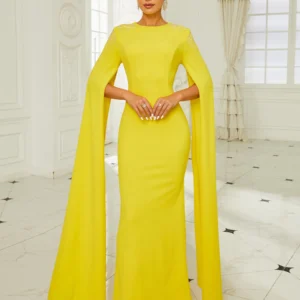 Yellow Prom Dresses Long Sleeve O-Neck Split Diamond Elegant Evening Gown