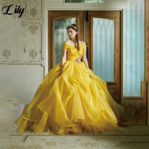 Lily Yellow A-Line Off-Shoulder Tulle Ball Gown Customized Dress