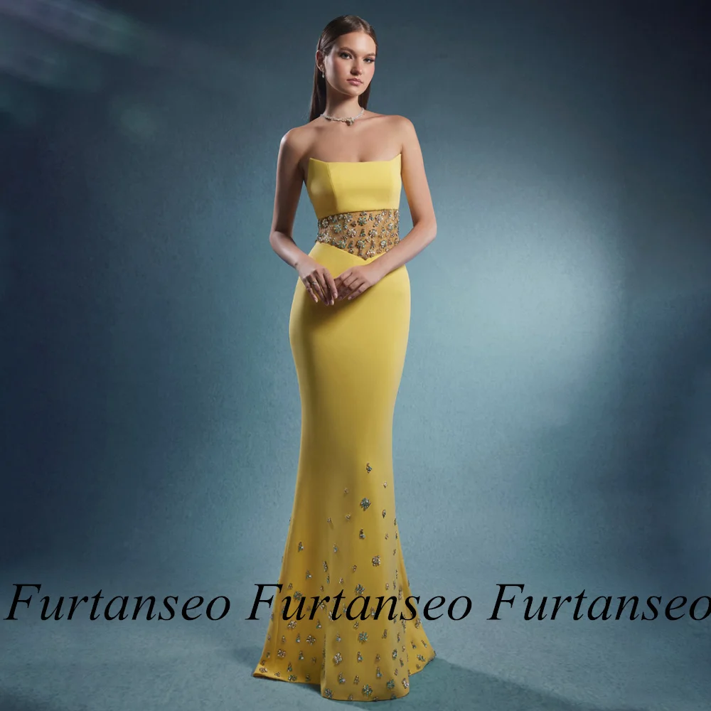Yellow Prom Dresses: Strapless Crystal Beading Mermaid Evening Gown