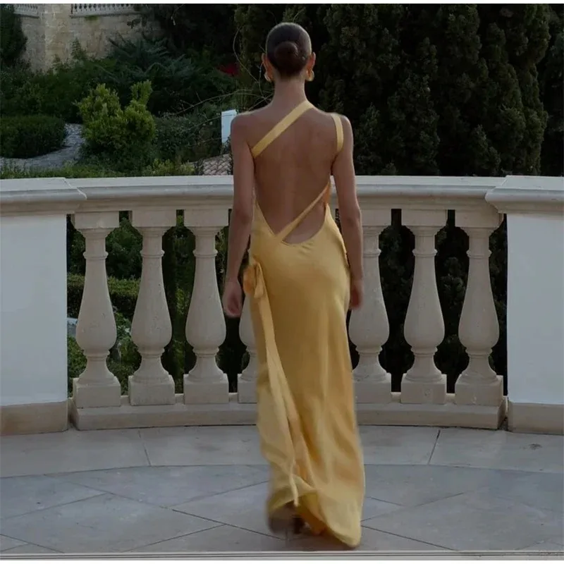 Women's Backless Yellow Satin Lace-Up Off Shoulder Party Dress Elegant - Image 4