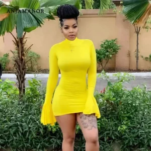 Yellow Prom Dresses High Neck Long Sleeve Bodycon Mini Party Dress