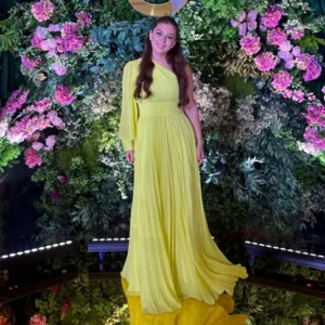 Msikoods Yellow One Sleeve Pleated Prom Birthday Party Dress 2025