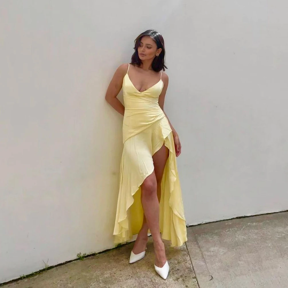 Yellow Prom Dresses V-Neck Sleeveless Ruffles Formal Gown Party