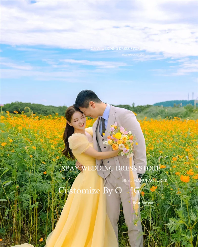 Yellow Prom Dresses A-Line Puff Sleeves Organza Evening Gown String Back - Image 3