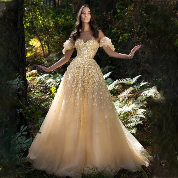 Custom Yellow Prom Dresses with 3D Flower Lace and Puff Sleeves