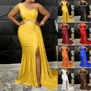 Yellow Prom Dresses One Shoulder Bodycon Side Slit Elegant Evening Gown