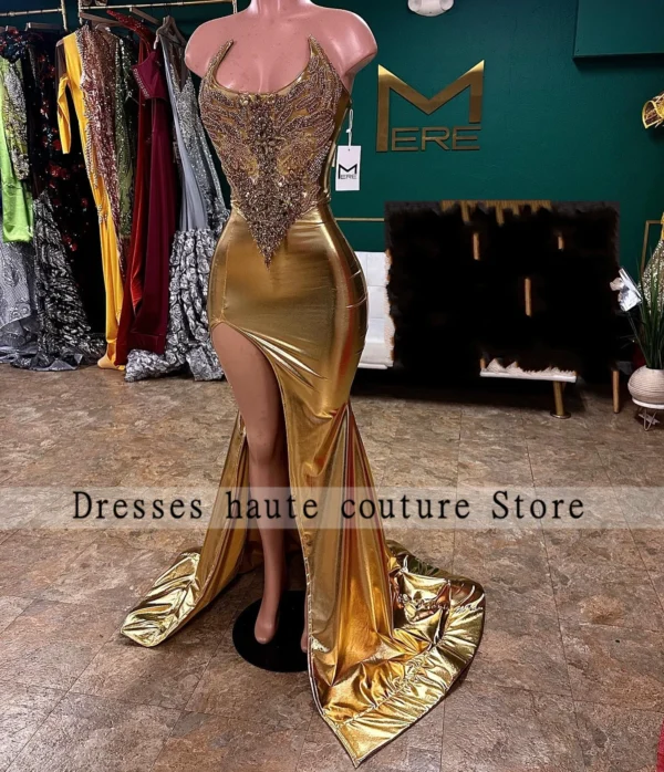 Yellow prom dresses with crystals, rhinestones, side split, beading